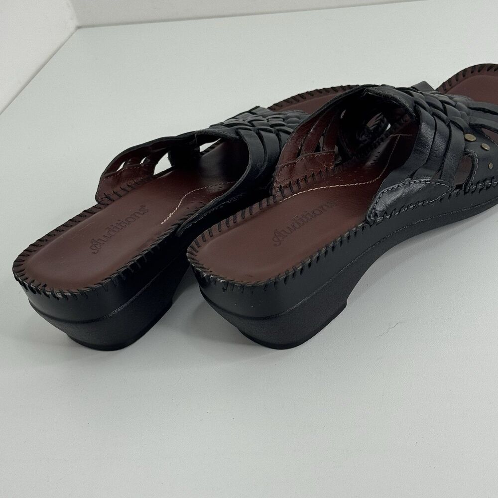 Auditions Black Leather Woven Strappy Cushioned Comfort Slip On Sandals Sz 9S - Picture 4 of 8